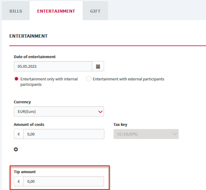 Travel expense report Tip amount within Entertainment Atlatos GmbH